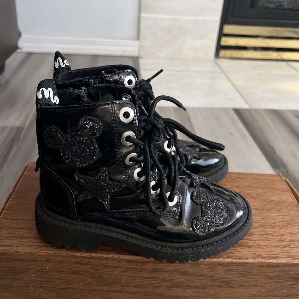 Zara Disney Mickey Mouse Boots Side Zip Lace Front Girls Black US 11 EU 28